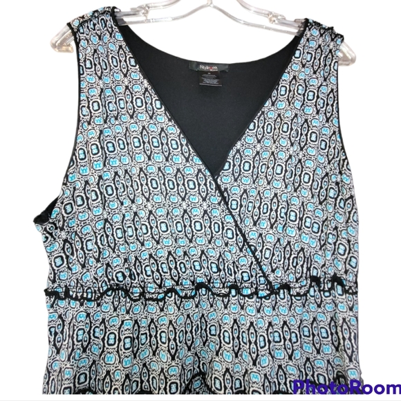 Style & Co blue black medallion print sleeveless vneck lined ruffled skirt dress - Picture 4 of 10